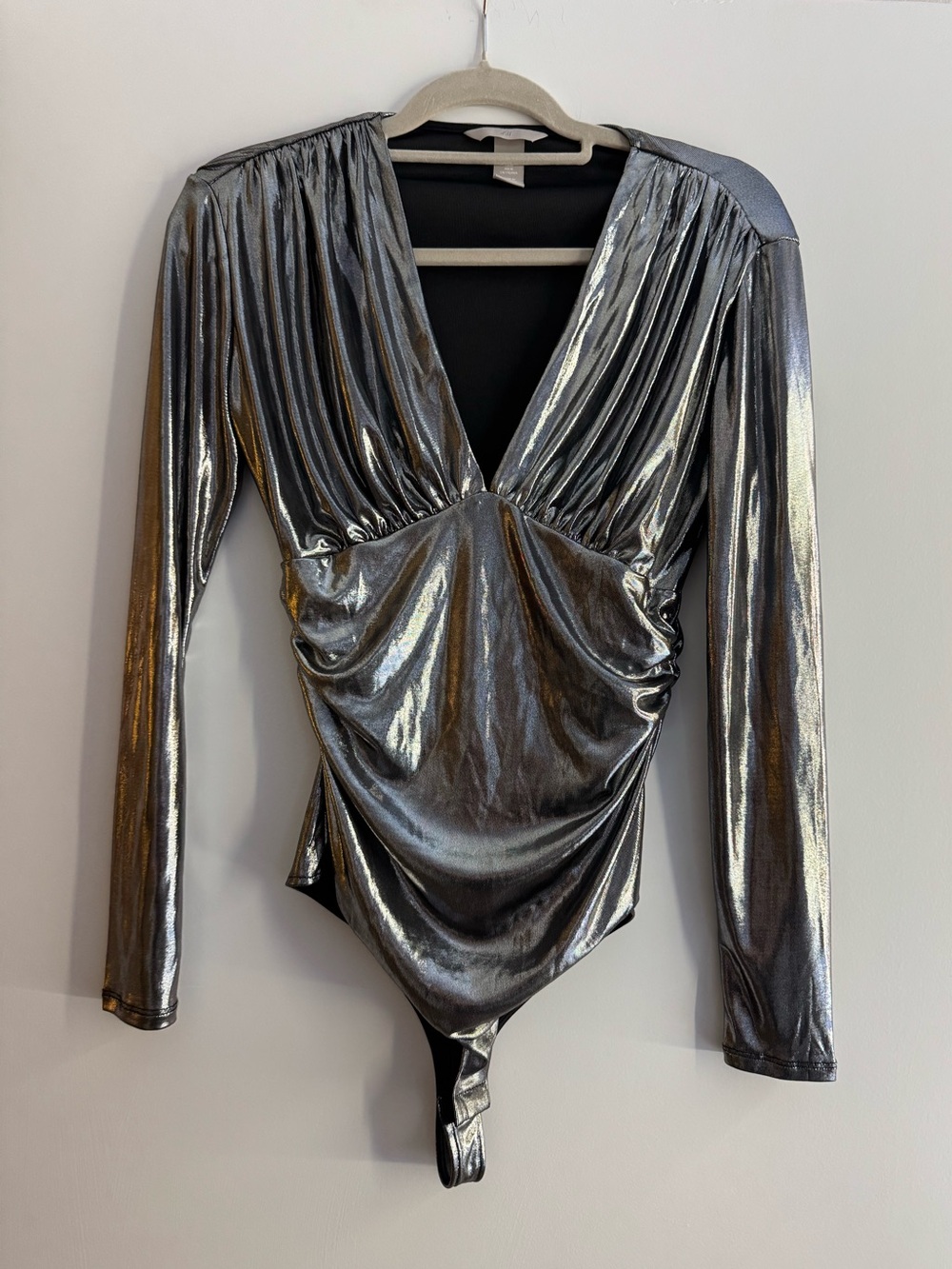 H&M Metallic Silver Draped V-Neck Long-Sleeve Bodysuit